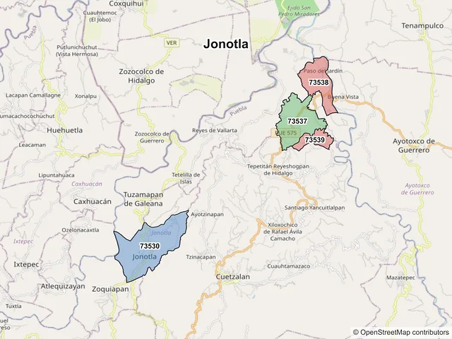 Mapa de códigos postales de Jonotla, Puebla