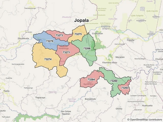 Mapa de códigos postales de Jopala, Puebla