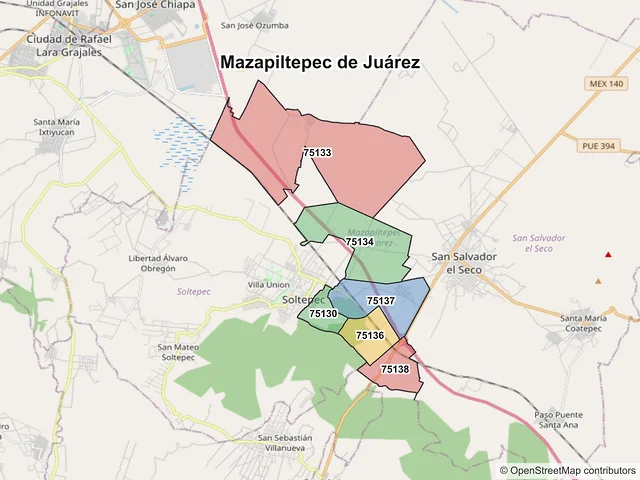 Mapa de códigos postales de Mazapiltepec de Juárez, Puebla