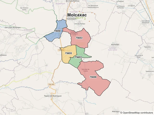Mapa de códigos postales de Molcaxac, Puebla