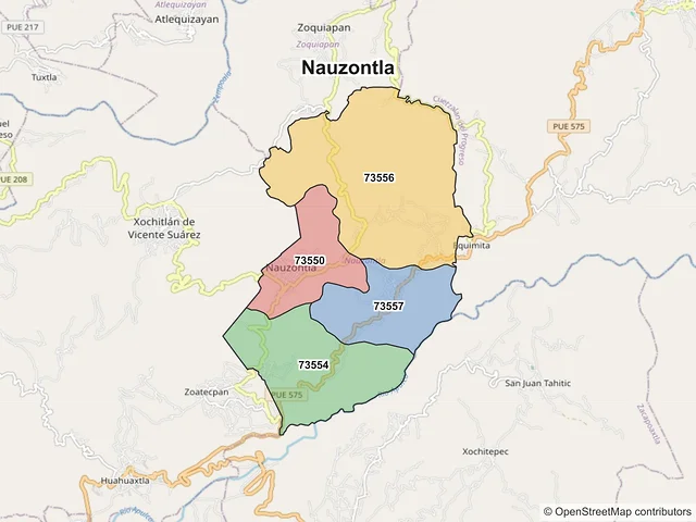 Mapa de códigos postales de Nauzontla, Puebla