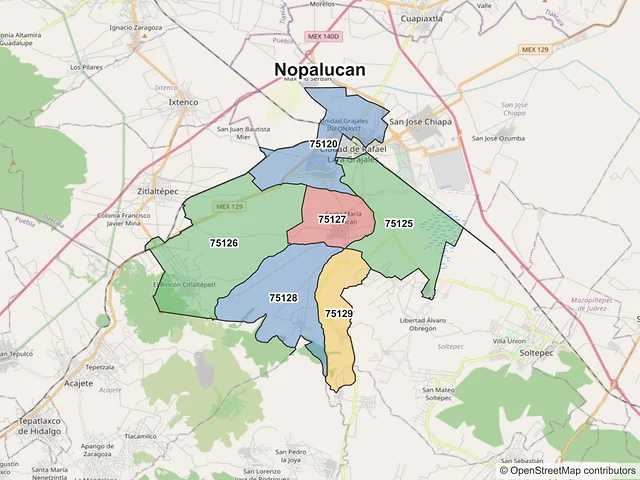 Mapa de códigos postales de Nopalucan, Puebla