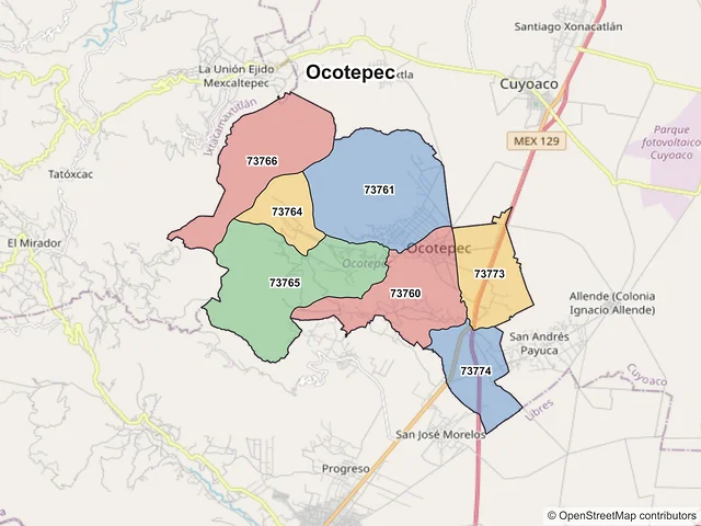 Mapa de códigos postales de Ocotepec, Puebla