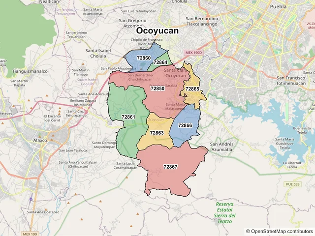 Mapa de códigos postales de Ocoyucan, Puebla