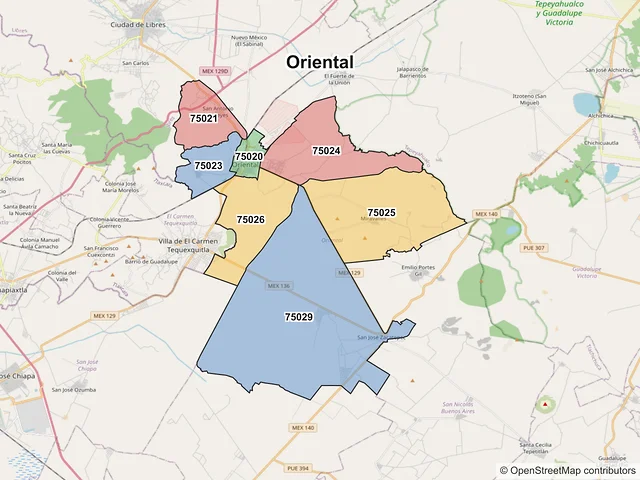 Mapa de códigos postales de Oriental, Puebla