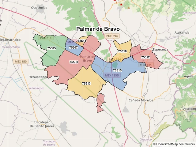 Mapa de códigos postales de Palmar de Bravo, Puebla