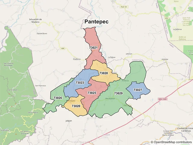 Mapa de códigos postales de Pantepec, Puebla