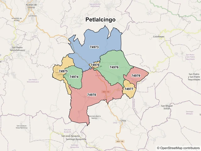 Mapa de códigos postales de Petlalcingo, Puebla