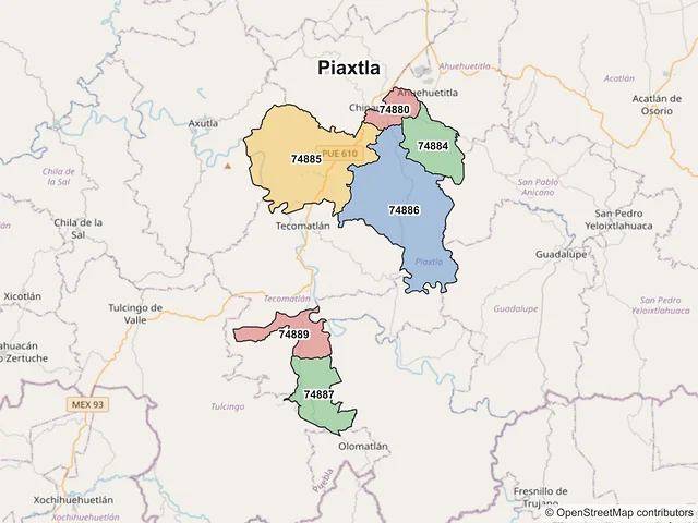 Mapa de códigos postales de Piaxtla, Puebla