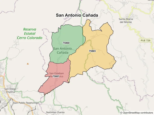 Mapa de códigos postales de San Antonio Cañada, Puebla