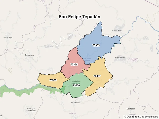 Mapa de códigos postales de San Felipe Tepatlán, Puebla