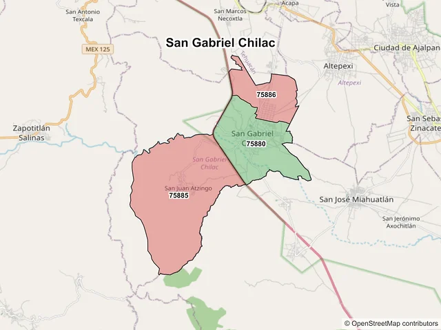 Mapa de códigos postales de San Gabriel Chilac, Puebla