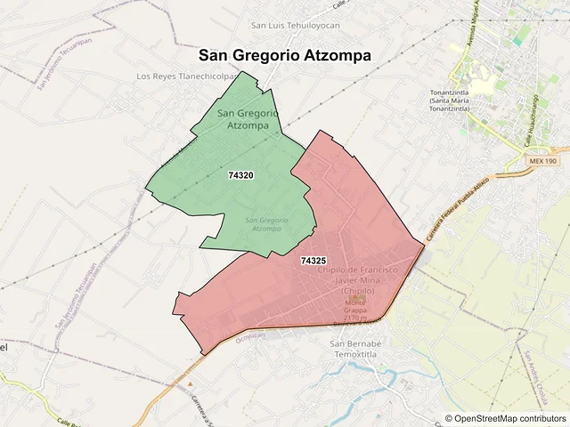 Mapa de códigos postales de San Gregorio Atzompa, Puebla