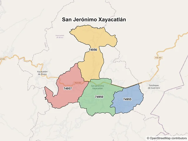 Mapa de códigos postales de San Jerónimo Xayacatlán, Puebla