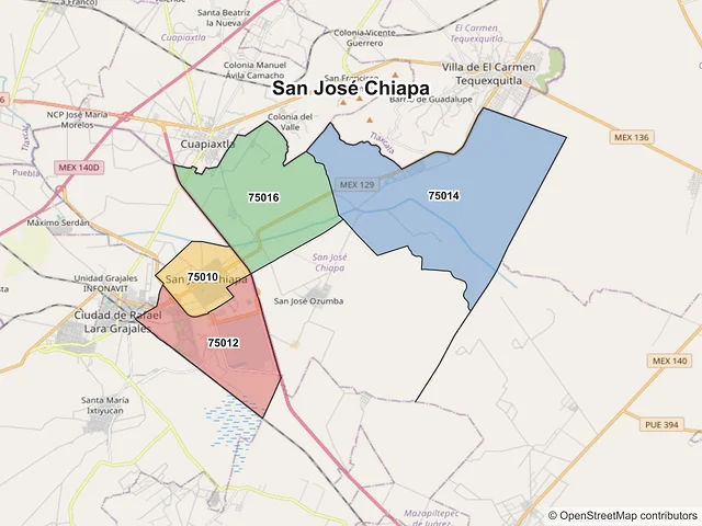 Mapa de códigos postales de San José Chiapa, Puebla