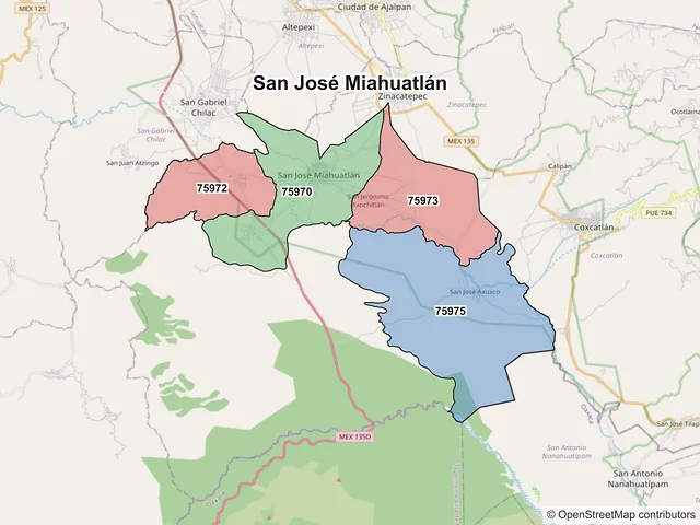 Mapa de códigos postales de San José Miahuatlán, Puebla