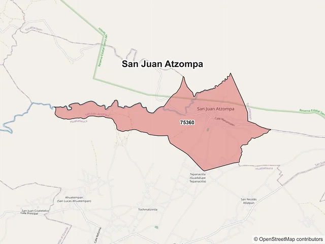 Mapa de códigos postales de San Juan Atzompa, Puebla