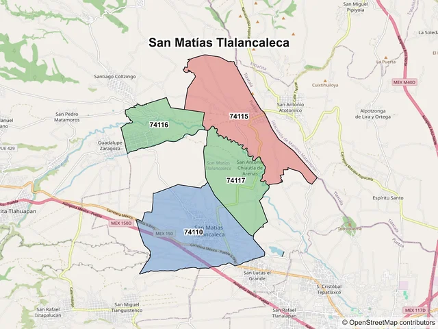 Mapa de códigos postales de San Matías Tlalancaleca, Puebla