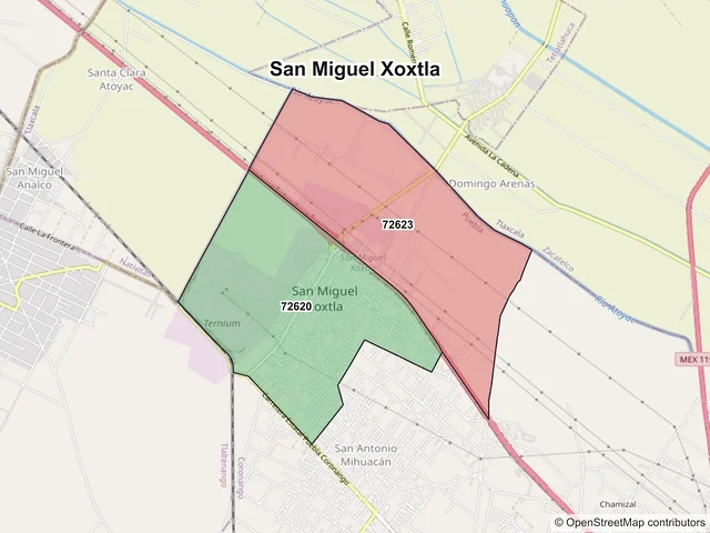 Mapa de códigos postales de San Miguel Xoxtla, Puebla