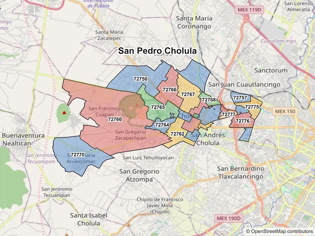 Mapa de códigos postales de San Pedro Cholula, Puebla