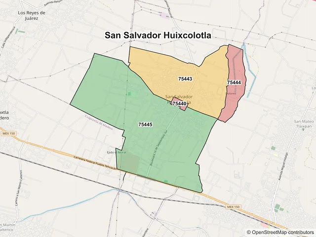 Mapa de códigos postales de San Salvador Huixcolotla, Puebla