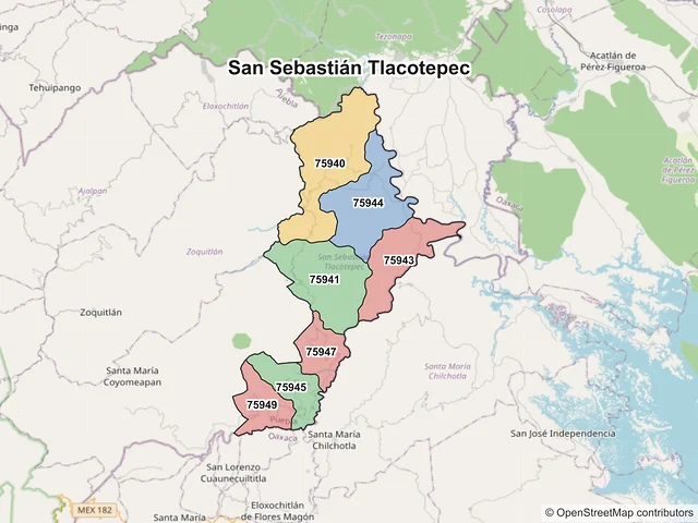 Mapa de códigos postales de San Sebastián Tlacotepec, Puebla