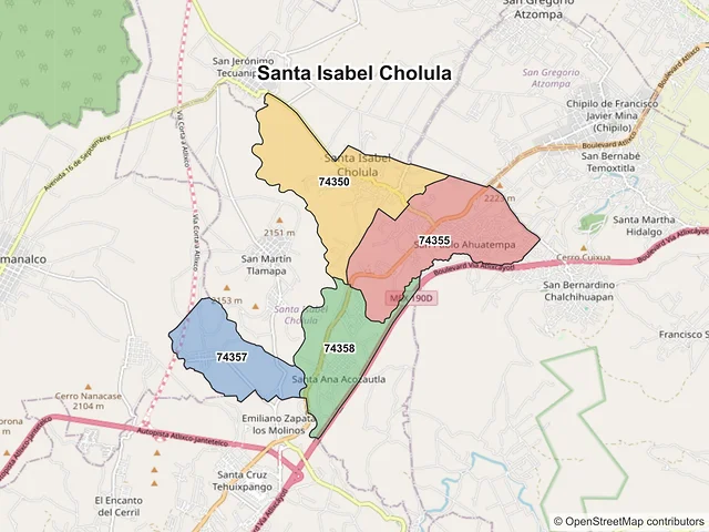 Mapa de códigos postales de Santa Isabel Cholula, Puebla
