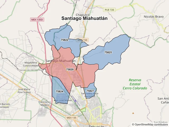 Mapa de códigos postales de Santiago Miahuatlán, Puebla