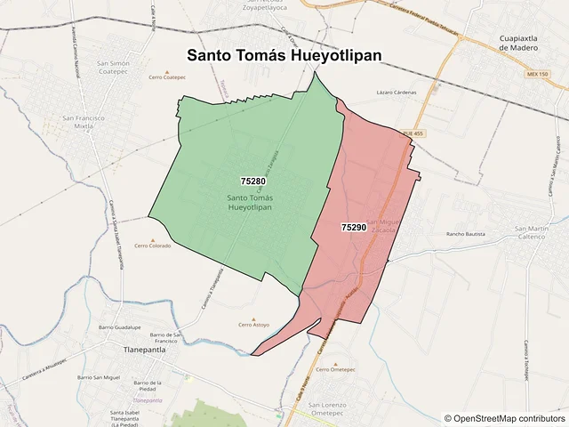 Mapa de códigos postales de Santo Tomás Hueyotlipan, Puebla