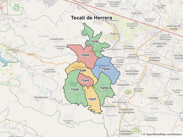 Mapa de códigos postales de Tecali de Herrera, Puebla