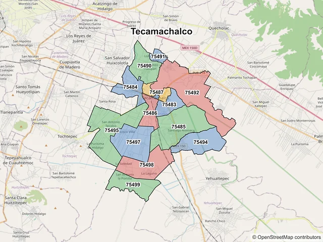 Mapa de códigos postales de Tecamachalco, Puebla