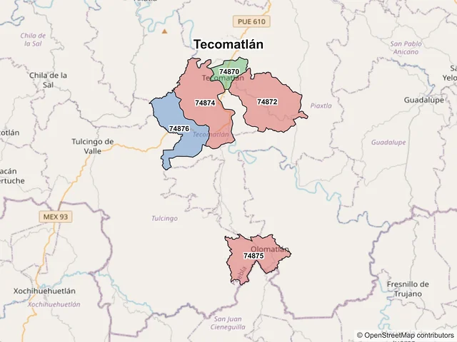 Mapa de códigos postales de Tecomatlán, Puebla