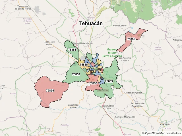 Mapa de códigos postales de Tehuacán, Puebla