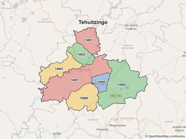 Mapa de códigos postales de Tehuitzingo, Puebla