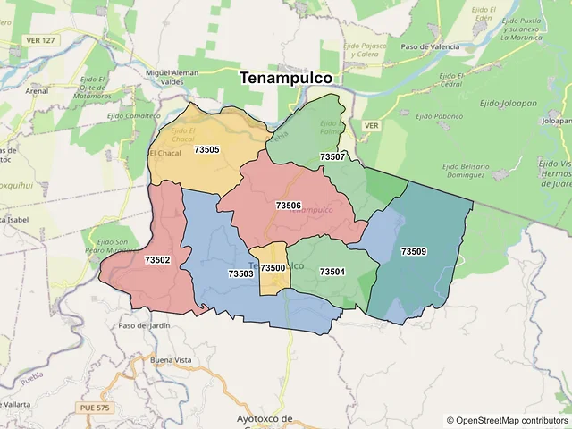 Mapa de códigos postales de Tenampulco, Puebla