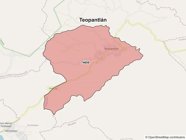 Mapa de códigos postales de Teopantlán, Puebla