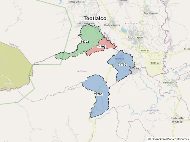 Mapa de códigos postales de Teotlalco, Puebla