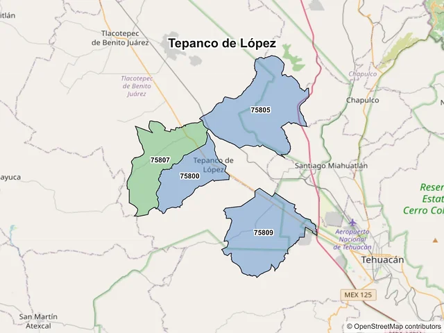 Mapa de códigos postales de Tepanco de López, Puebla