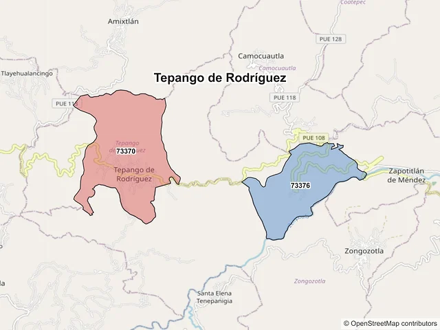 Mapa de códigos postales de Tepango de Rodríguez, Puebla