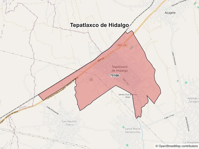 Mapa de códigos postales de Tepatlaxco de Hidalgo, Puebla