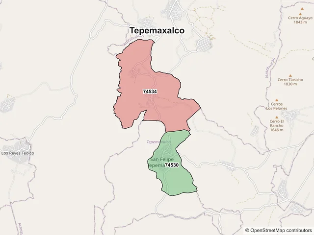 Mapa de códigos postales de Tepemaxalco, Puebla