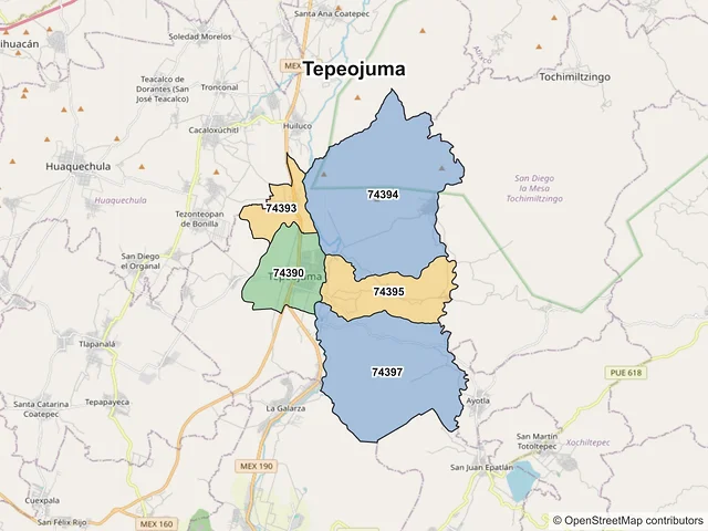 Mapa de códigos postales de Tepeojuma, Puebla