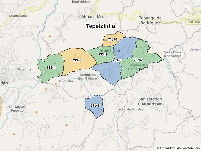Mapa de códigos postales de Tepetzintla, Puebla