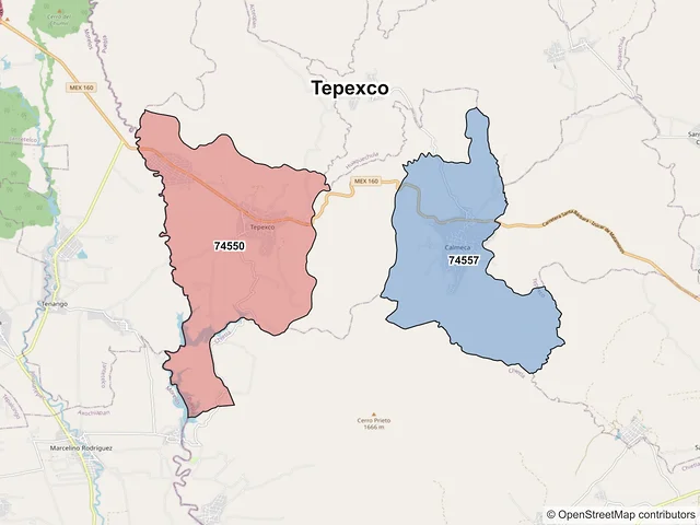Mapa de códigos postales de Tepexco, Puebla