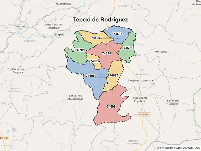 Mapa de códigos postales de Tepexi de Rodríguez, Puebla