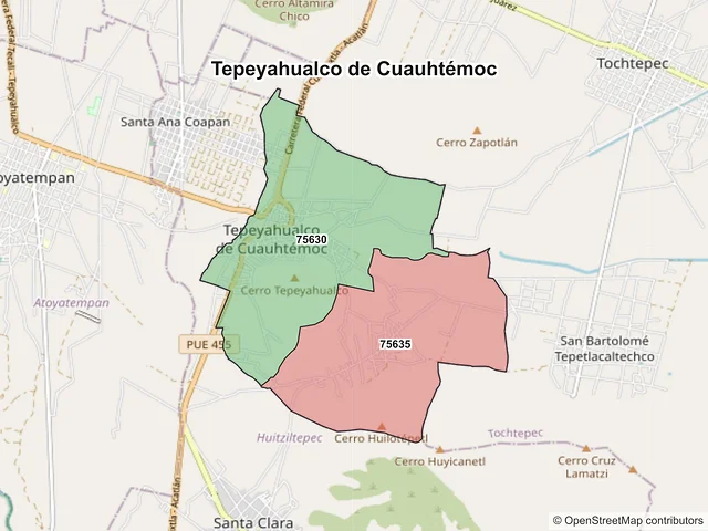 Mapa de códigos postales de Tepeyahualco de Cuauhtémoc, Puebla