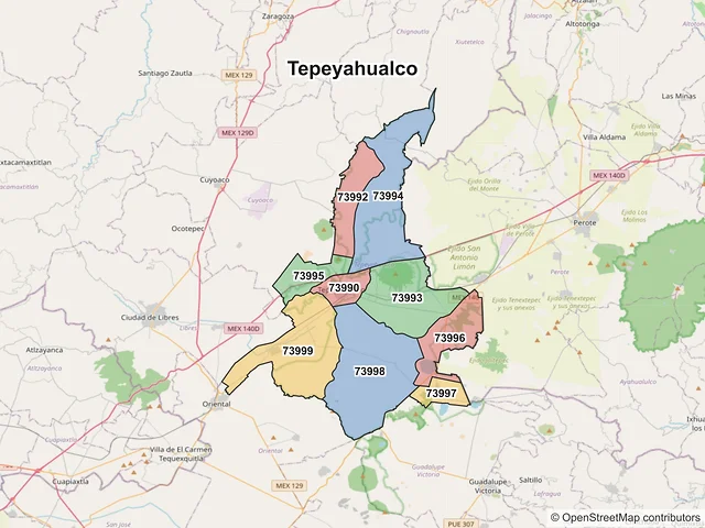 Mapa de códigos postales de Tepeyahualco, Puebla