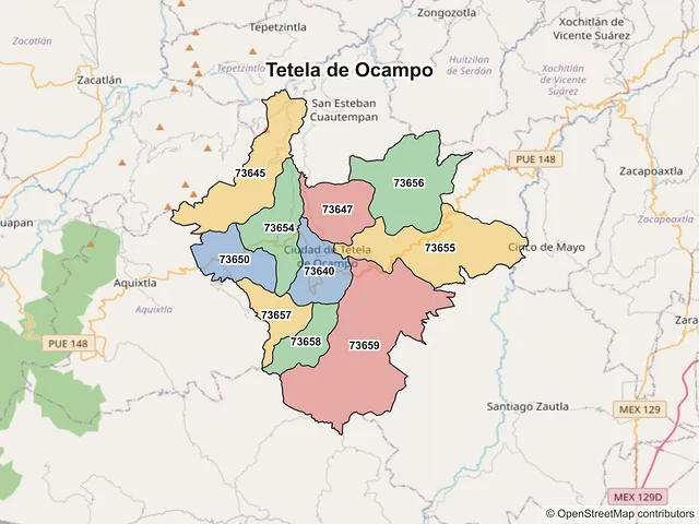 Mapa de códigos postales de Tetela de Ocampo, Puebla
