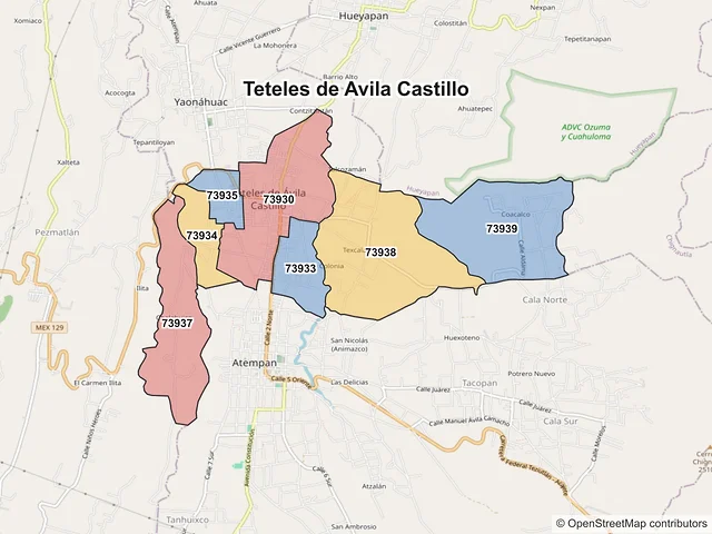 Mapa de códigos postales de Teteles de Avila Castillo, Puebla