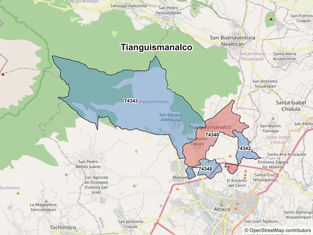 Mapa de códigos postales de Tianguismanalco, Puebla